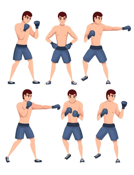 Conjunto de boxeador en pantalones deportivos con guantes de boxeo entrenamiento de perforación diseño de personajes de dibujos animados ilustración vectorial plana aislada sobre fondo blanco — Vector de stock