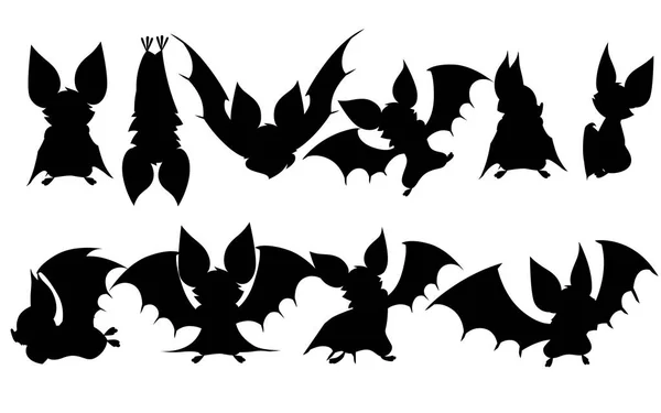 Zwarte silhouet set van Cartoon bat. Schattig vampier, vliegende zoogdier. Platte vector illustratie geïsoleerd op witte achtergrond. Cartoon karakter ontwerp. Vleermuis flappen vleugel, zwaaiende hand — Stockvector