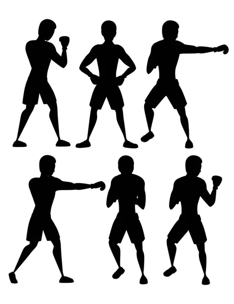 Set silhouette nera di pugile in pantaloni sportivi con guanti da boxe punzonatura formazione cartone animato personaggio design piatto vettore illustrazione isolato su sfondo bianco — Vettoriale Stock