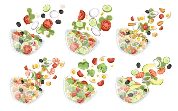 Conjunto de ensalada de verduras con diferentes ingredientes. Ensalada caída a tazón transparente. Vegetales frescos icono de dibujos animados alimentos de diseño. Ilustración vectorial plana aislada sobre fondo blanco — Archivo Imágenes Vectoriales