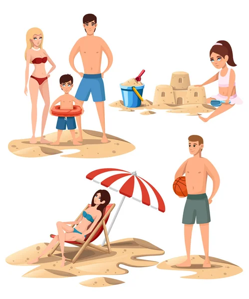 Un gruppo di persone sulla spiaggia. La gente sta sulla sabbia. Belle donne, uomo e ragazzo in costume da bagno. Disegno dei personaggi dei cartoni animati. Illustrazione vettoriale piatta su sfondo bianco — Vettoriale Stock