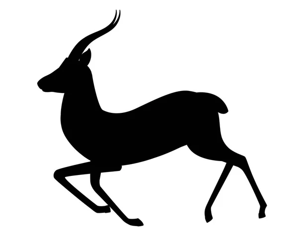Siyah siluet Afrika vahşi siyah kuyruklu ceylan uzun boynuzları karikatür hayvan tasarımı düz vektör illüstrasyon beyaz arka plan yan görünüm antilop çalışan — Stok Vektör
