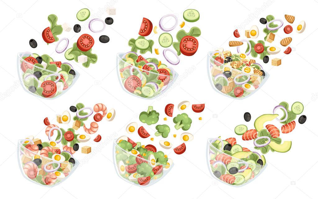 Set of vegetables salad with different ingredients. Salad fall to transparent bowl. Fresh vegetables cartoon icon design food. Flat vector illustration isolated on white background