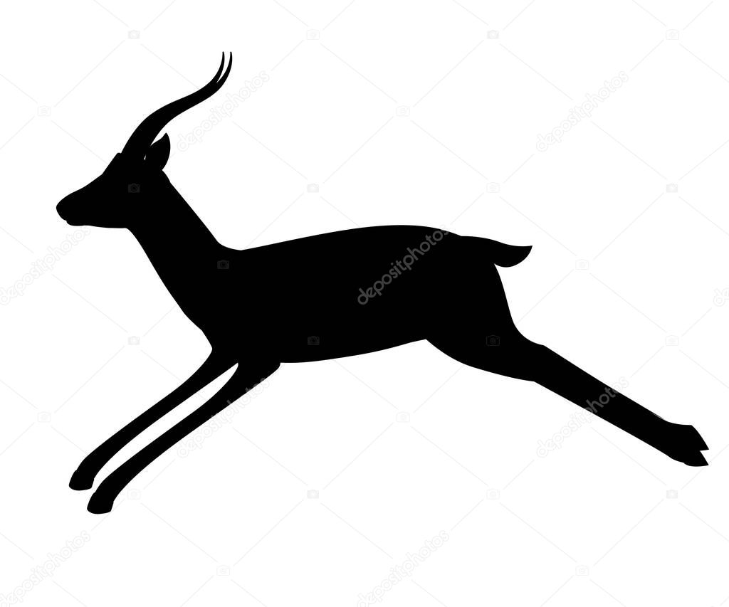 Black silhouette African wild black-tailed gazelle with long horns cartoon animal design flat vector illustration on white background side view antelope eating