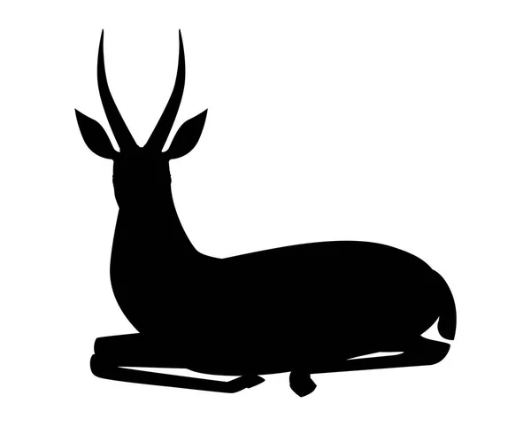 Schwarze Silhouette afrikanischen wilden schwarzen Schwanz Gazelle mit langen Hörnern Cartoon Tier Design flache Vektor Illustration auf weißem Hintergrund Seitenansicht Antilope liegt — Stockvektor