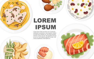 Tabaklarda farklı tabaklar var. Dünyanın dört bir yanından geleneksel yemekler. Menü logoları ve etiketleri için konsept. Beyaz arka planda düz vektör çizimi. Metin için yer, yatay başlık