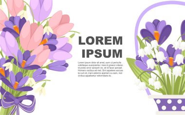 Seramik sepetteki çiçekler. Mor Çiğdem ve beyaz Convallaria majalis. Yeşil çiçek deseni, çimen. Beyaz arka planda düz vektör çizimi. Metin için yer, yatay başlık