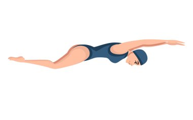 Beyaz arka plan üzerinde kelebek tarzı çizgi film karakter tasarımı düz vektör illüstrasyon mavi mayo yüzme Atlet kadın