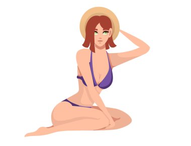 Yaz şapka oturan karikatür karakter tasarımı düz vektör illüstrasyon ile mor mayo güzel kadınlar