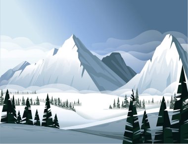 Yaprak dökmeyen özlü orman düz vektör illüstrasyon kış manzara ile kışın yüksek dağlar