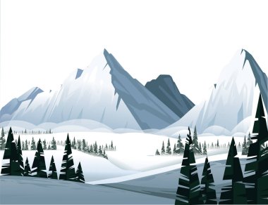 Yaprak dökmeyen özlü orman düz vektör illüstrasyon kış manzara ile kışın yüksek dağlar