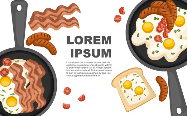 Gebakken ei met tomaten en vlees in koekenpan. Platte vector illustratie op witte achtergrond. Website-en mobiele-appontwerp. Plaats voor tekst, webknop — Stockvector
