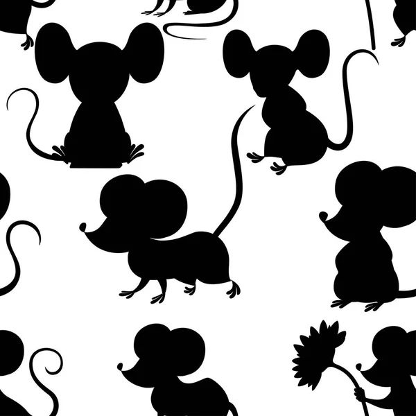 Silueta negra. Patrón sin costuras de ratón de dibujos animados lindo. Graciosa colección de ratones grises. Emoción animalito. Dibujos animados diseño de personajes animales. Ilustración vectorial plana sobre fondo blanco — Archivo Imágenes Vectoriales