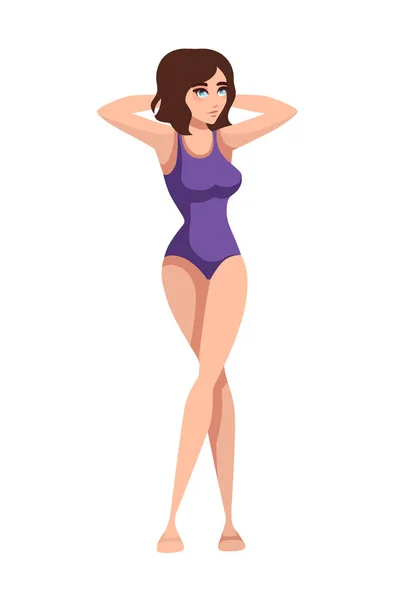 Beautiful women in purple swimsuit cartoon character design flat vector illustration — Stock Vector