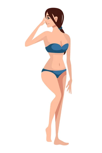 Mooie vrouwen in blauwe badpak cartoon karakter ontwerp platte vector illustratie — Stockvector