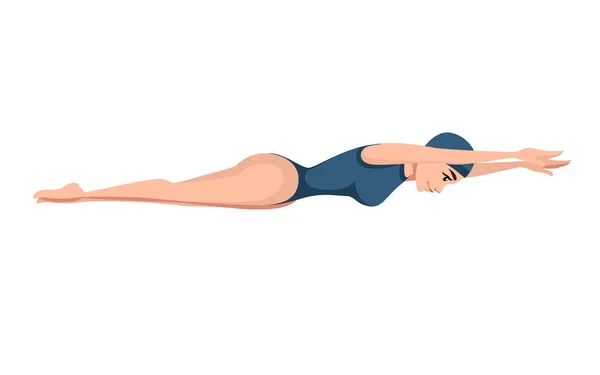 Atleet vrouw in blauwe badpak zwemmen in schoolslag stijl cartoon karakter ontwerp platte vector illustratie op witte achtergrond — Stockvector