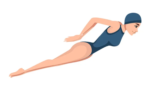 Atleet vrouw in blauwe badpak zwemmen in Butterfly stijl cartoon karakter ontwerp platte vector illustratie op witte achtergrond — Stockvector