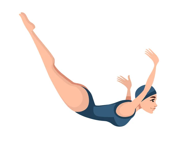 Atleet vrouw in blauwe badpak springen naar water cartoon karakter ontwerp platte vector illustratie op witte achtergrond — Stockvector