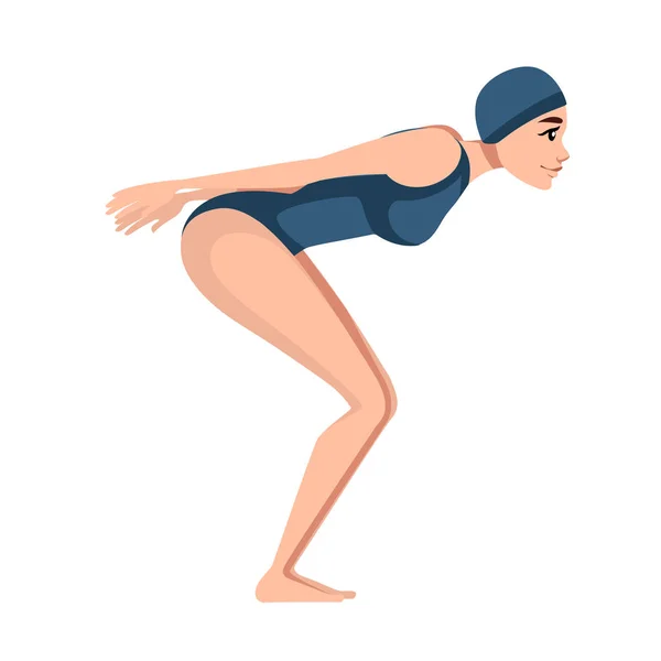 Atleet vrouw in blauwe badpak voorbereiden om te springen in water cartoon karakter ontwerp platte vector illustratie op witte achtergrond — Stockvector