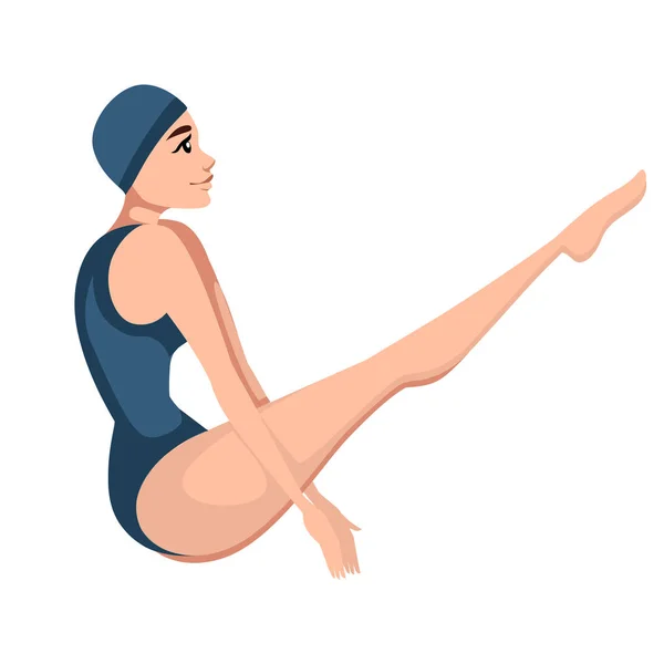 Atleet vrouw in blauwe badpak springen naar water cartoon karakter ontwerp platte vector illustratie op witte achtergrond — Stockvector