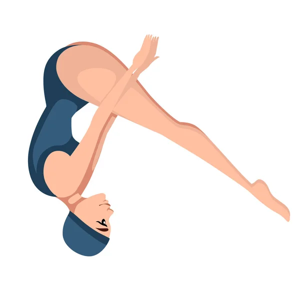 Atleet vrouw in blauwe badpak springen naar water cartoon karakter ontwerp platte vector illustratie op witte achtergrond — Stockvector