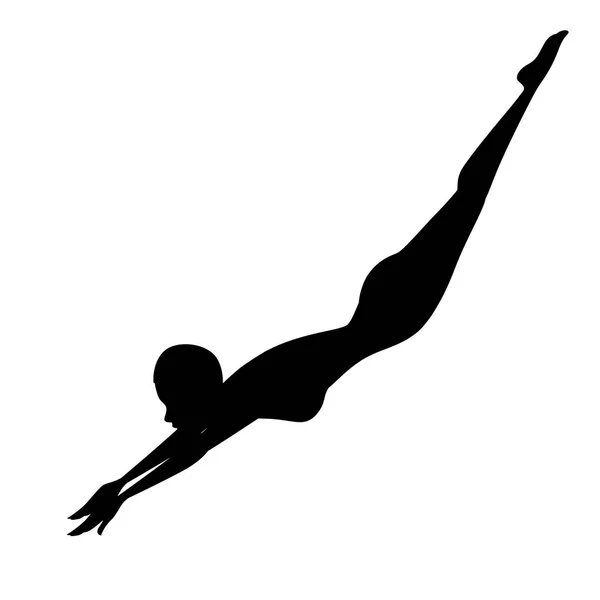 Черный силуэт спортсменка в купальнике прыгать на воду мультфильм дизайн персонажа плоский вектор иллюстрации на белом фоне — стоковый вектор