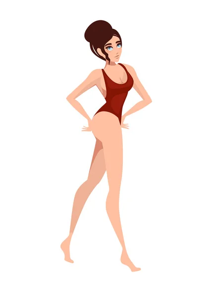 Belles femmes en maillot de bain rouge faisant exercice dessin animé personnage conception plat vecteur illustration — Image vectorielle