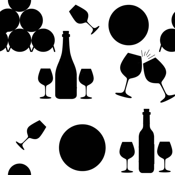 Nahtloses Muster. Stapel von Holzfässern mit Alkohol, Rot- und Weißwein in Flaschen. schwarze Silhouette. Ideal für Pub oder Restaurant Menü, Etikett, Plakat. flache Vektorabbildung auf weißem Hintergrund — Stockvektor