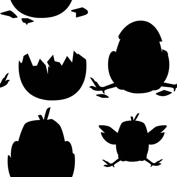 黒いシルエット。卵殻から帽子と漫画のキャラクターデザインフラットベクトルイラストなしでかわいい小さな漫画のひよこのシームレスなパターン — ストックベクタ