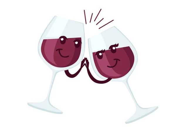 Two wine glasses mascot with red wine cheers cartoon character design flat vector illustration on white background — Stock Vector