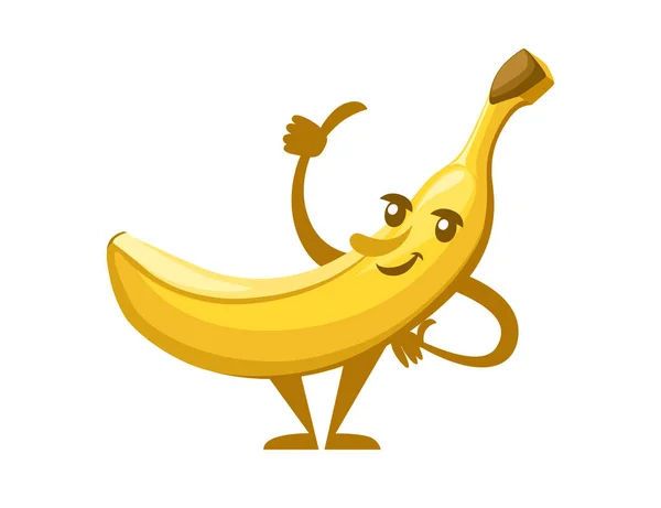Egyetlen sárga banán ehető trópusi gyümölcs bogyó rajzfilmfigura design kabalája lapos vektor illusztráció elszigetelt fehér háttér — Stock Vector