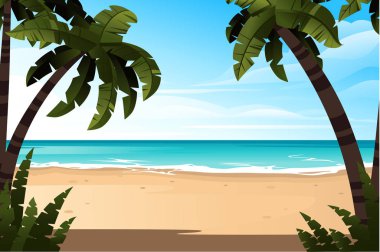 Iyi güneşli gün düz vektör illüstrasyon palmiye ağaçları ve bitkiler ile sahil güzel deniz kıyısı plaj Tropikal manzara
