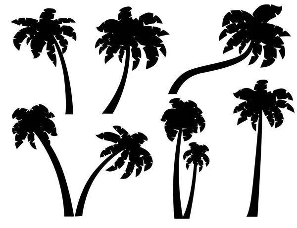 Conjunto de siluetas negras de palmeras con diferentes troncos ilustración vectorial plana aislada sobre fondo blanco — Vector de stock
