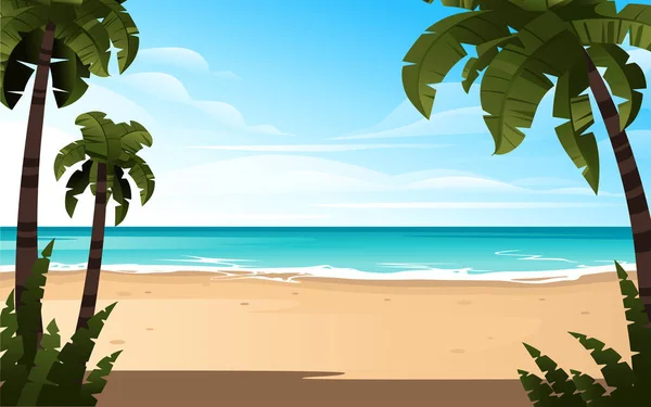 Paesaggio tropicale della costa bellissima spiaggia sulla riva del mare con palme e piante in buona giornata di sole illustrazione vettoriale piatta — Vettoriale Stock