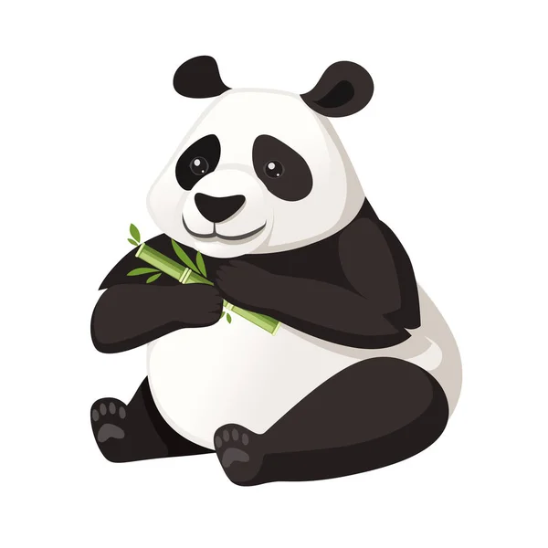 귀여운 큰 팬더 바닥에 앉아 대나무 분기 만화 동물 디자인 평면 벡터 일러스트를 보유 — 스톡 벡터