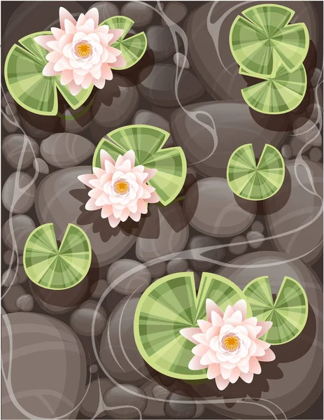 Bella loto giglio con foglie verdi su acqua trasparente e pietra fondo piatto vettoriale illustrazione — Vettoriale Stock