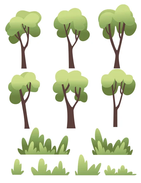 Set von grünen flachen Bäumen und Büschen flache Vektorillustration auf weißem Hintergrund — Stockvektor