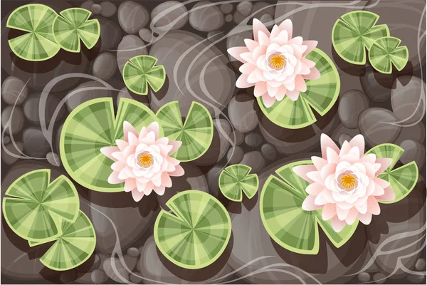 Schöne Lilie Lotus mit grünen Blättern auf transparentem Wasser und Stein Boden flache Vektorillustration — Stockvektor