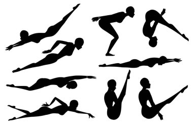 Beyaz arka plan üzerinde farklı stil çizgi film karakter tasarımı düz vektör illüstrasyon mayo yüzme atlet kadın siyah siluet seti