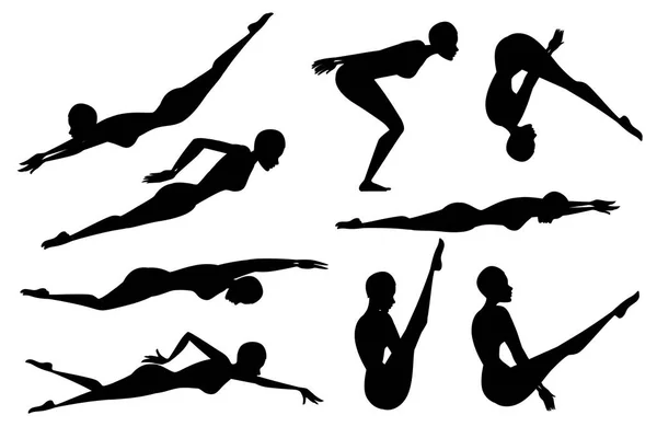 Set silhouette nera di atleta donna in costume da bagno nuoto in stile diverso disegno del personaggio dei cartoni animati disegno vettoriale piatto su sfondo bianco — Vettoriale Stock