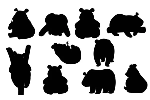 Black silhouette set of cute big panda in different poses cartoon animal design flat vector illustration — Stock Vector