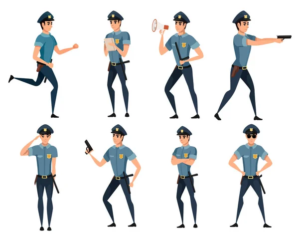 Ensemble de policiers dans différentes poses et portant un pantalon bleu foncé chemise bleu clair dessin animé illustration vectorielle plate — Image vectorielle