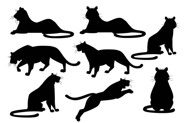 Schwarze Silhouette Set von erwachsenen großen roten Tiger Wildtiere und Fauna Thema Cartoon Tier Design flache Vektor Illustration isoliert auf weißem Hintergrund — Stockvektor