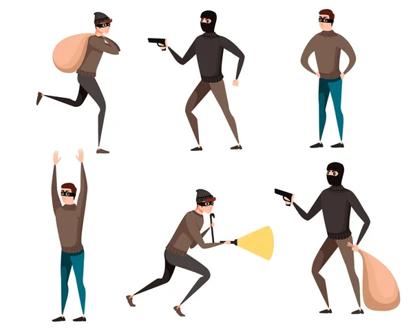 Set of thief during robbery holding bag in one hand and pistol in another hand cartoon character design flat vector illustration — Stock Vector