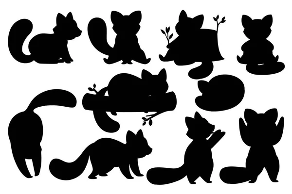 Ensemble de silhouette noire de mignon adorable panda rouge dans différentes poses dessin animé dessin animé personnage animal plat vecteur style illustration sur fond blanc — Image vectorielle