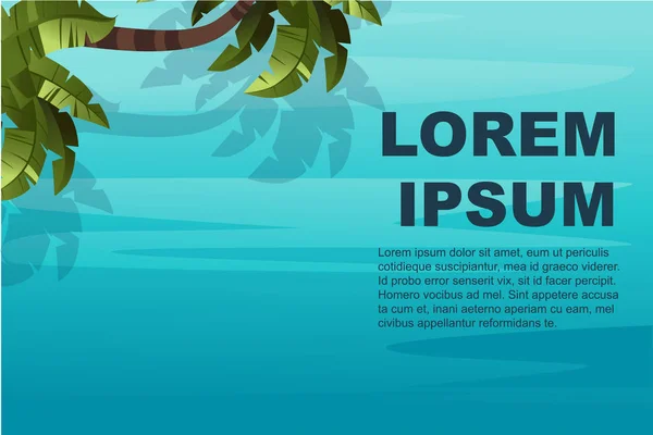 Banner horizontal de publicidad de verano con agua azul del océano y palma con ilustración de vectores planos de hojas verdes — Vector de stock