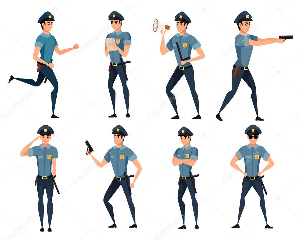 Set of police officer in different poses and wearing dark blue pants light blue shirt cartoon character design flat vector illustration