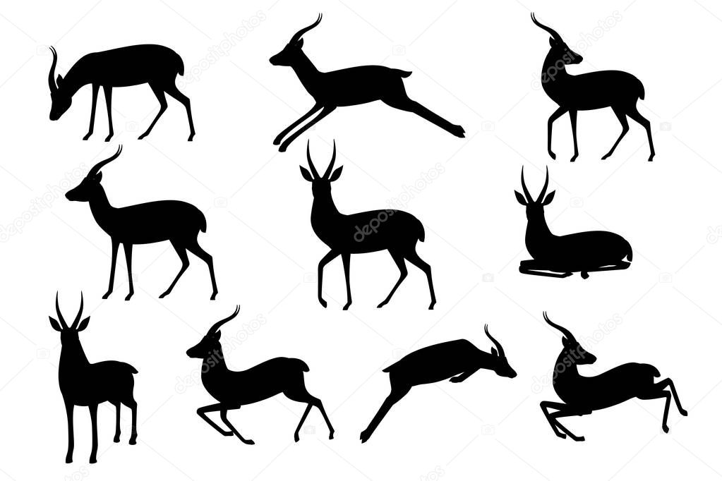 Black silhouette set of african wild black-tailed gazelle with long horns cartoon animal design flat vector illustration on white background side view antelope.