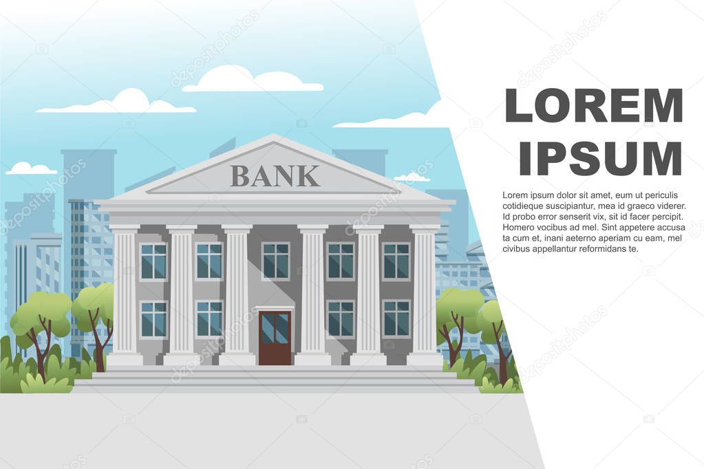 Flat design retro bank building with columns and windows vector illustration on modern city landscape good sunny day with blue sky and clouds background