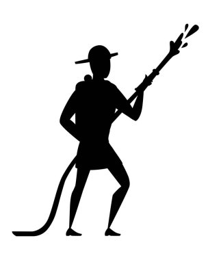 Siyah siluet yetişkin erkek itfaiyeci bir yangın hortumu tutan ve su karikatür karakter tasarımı düz vektör illüstrasyon ile bir yangın söndürme yanmaz formu giyen yere standı